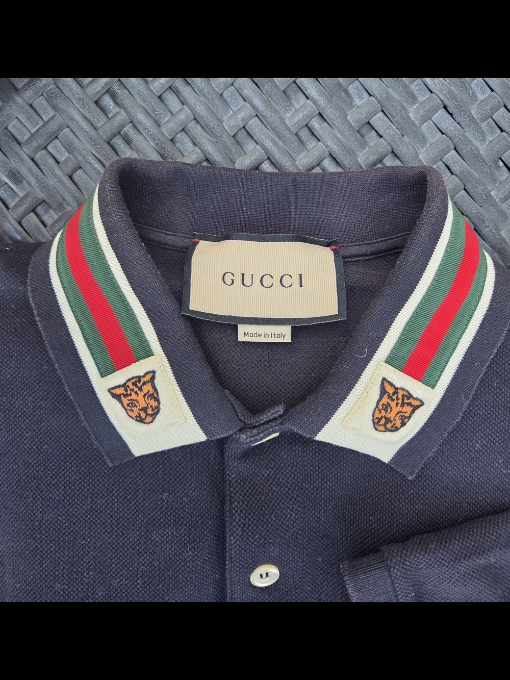 Men's Gucci Navy Polo with Tiger. Green & Red Stripe Collar Size L. Worn Once